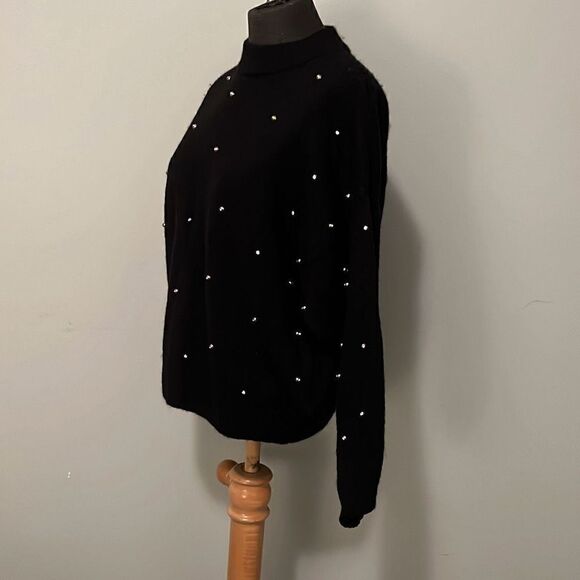 H&M Womens Black Faux Pearl Embellished Mock Neck Wool Blend Pullover Sweater XS - Picture 2 of 8